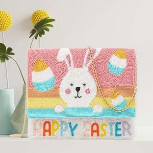 HAPPY EASTER Seed Beaded Bunny Rabbit Stripe Eggs Clutch Purse CrossBody Bag